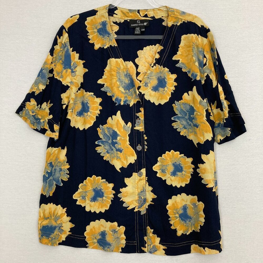 Vintage Carole Little Black Yellow Floral‎ Short Sleeve Button Down size 14W